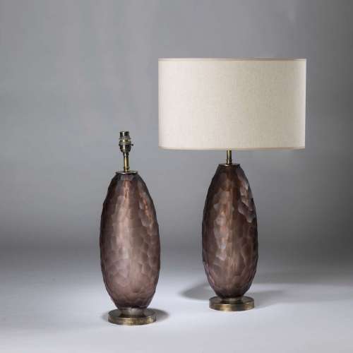 Pair Of Medium Purple Brown Glass 'almond' Battuto Cut Lamps On Round Antiqued Brass Bases