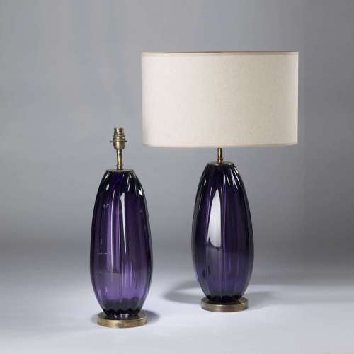 Pair Of Medium Amethyst Glass 'almond' Ribbed Lamps On Round Antiqued Brass Bases