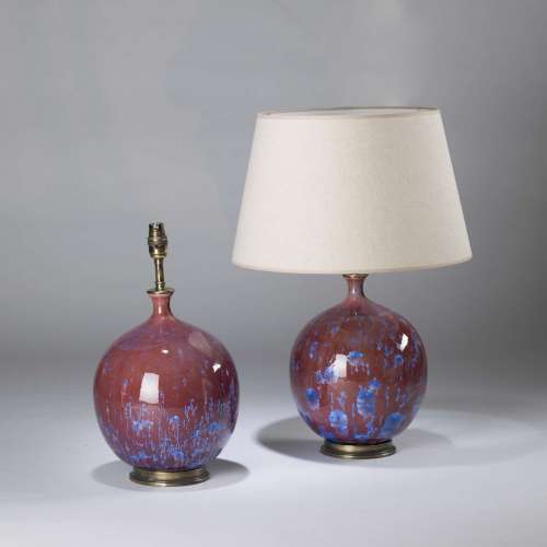 Pair Of Small Red And Blue Ceramic Round Lamps On Round Antiqued Brass Bases