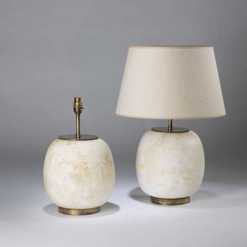 Pair Of Medium Round Alabaster Lamps On Round Antiqued Brass Bases