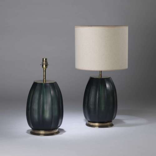 Pair Of Small Green Cut Glass Lamps With Round Antique Brass Bases