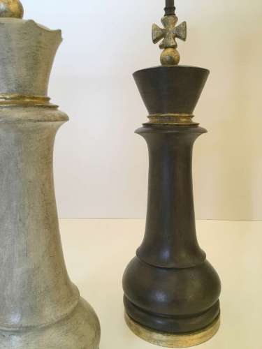 Pair Of Medium  Wooden Painted Chess Piece Lamps With Round Antiqued Brass Bases