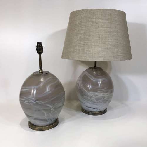 Pair Of Small Glass 'alabaster' Effect Lamps On Round Brass Bases