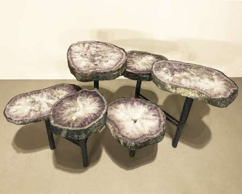 Amethyst Disc Coffee Table On Textured Wrought Iron Base