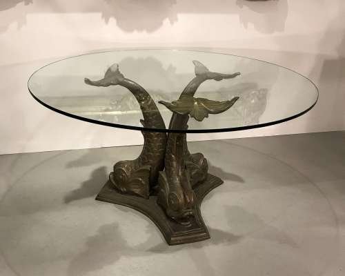 Italian Bronze Circa 1960/1970 Dolphin Dining Table With Old Glass Top