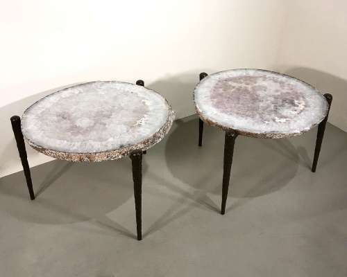 Pair Of Massive Agate Slice Side Tables On Wrought Iron Textured Tapered Legs With Brown Bronze Finish