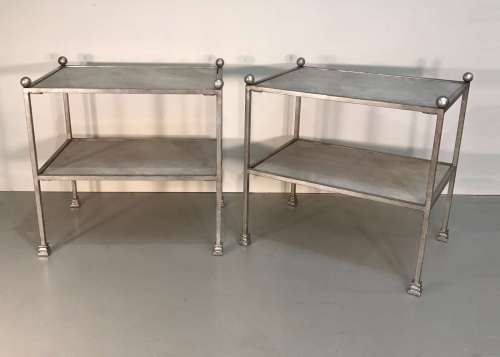 Pair Of "Mary" Two-tier Iron Side Tables With Faux Marble Ceramic Tile Tops In 'warm Silver Leaf' Finish