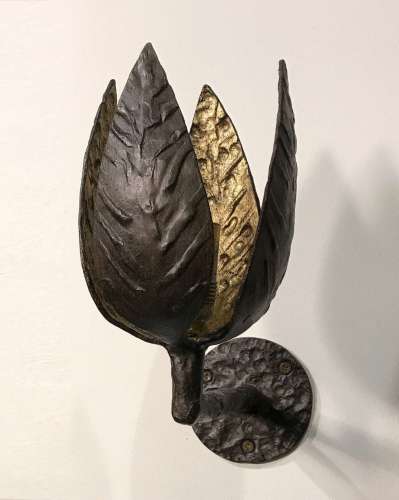 Pair Of Textured  Wrought Iron 'Tulip' Wall Lights In Brown Bronze And Gilt Finish