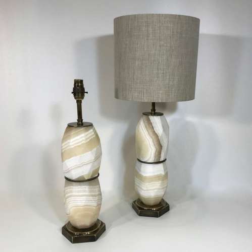 Pair Of Small Cream Alabaster Lamps On Hexagonal Antique Brass Bases
