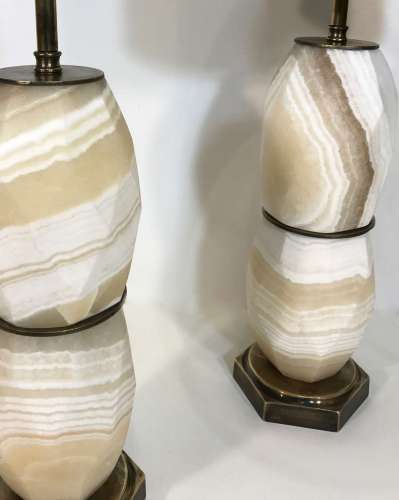 Pair Of Small Cream Alabaster Lamps On Hexagonal Antique Brass Bases