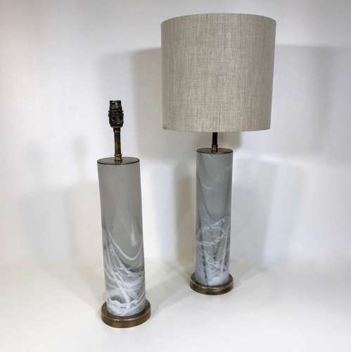 Pair Of Small Grey Glass "Alabaster" Column Lamps With Round Antique Brass Bases