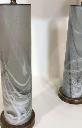 Pair Of Small Grey Glass "Alabaster" Column Lamps With Round Antique Brass Bases