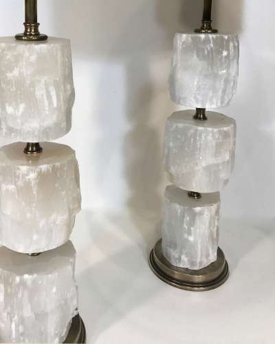 Pair Of Medium White Selenite "rustic Stack" Lamps On Round Antique Brass Bases