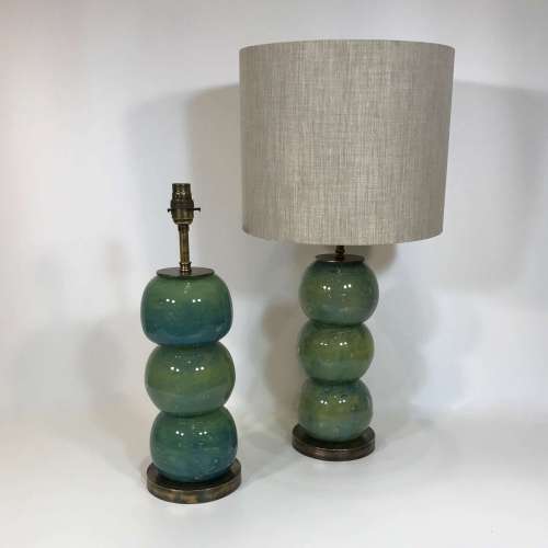 Pair Of Small Green Glass Ball Lamps On Round Antique Brass Bases
