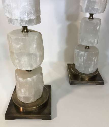 Pair Of Medium White Selenite "rustic Stack" Lamps On Square Antique Brass Bases