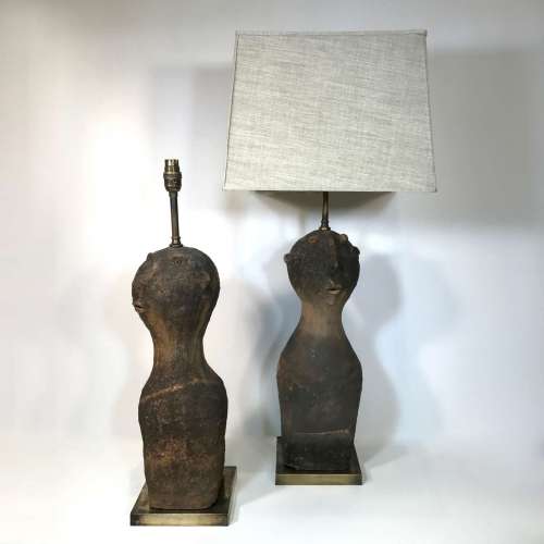 Pair Of Large Terracotta 'brother' Lamps On Square Antique Brass Bases