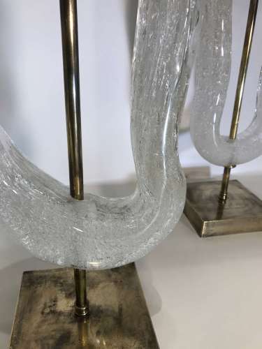 Pair Of Large Clear Glass "Guido" Lamps On Antique Brass Bases