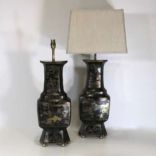 Pair Of Large Black Ceramic Chinoiserie Lamps On Antique Brass Bases
