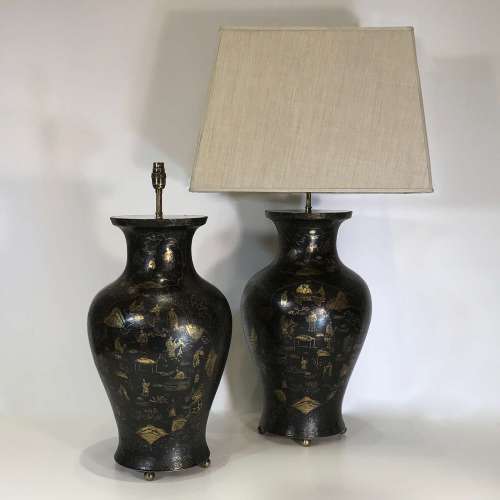 Pair Of Large Black Ceramic Chinoiserie Lamps On Antique Brass Bases