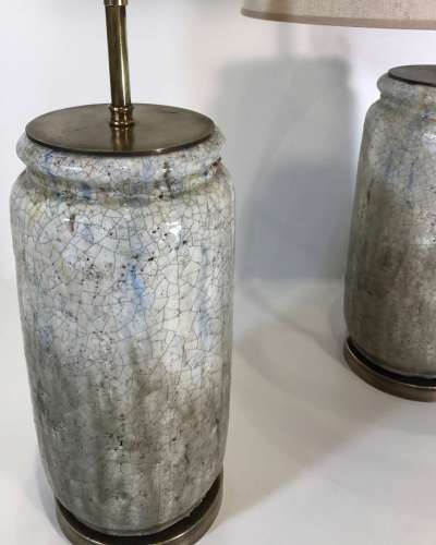 Pair Of Medium Grey Ceramic Lamps On Antique Brass Bases