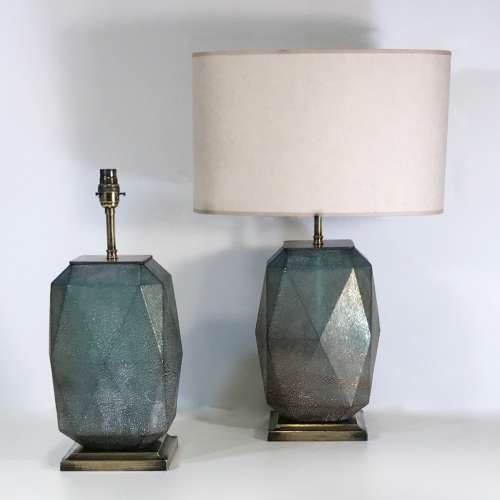 Pair Of Medium Blue Grey Glass Lamps With Interesting Texture