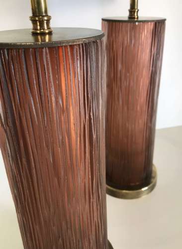 Pair Of Small Brown/pink Glass "Bark" Lamps On Antique Brass Bases