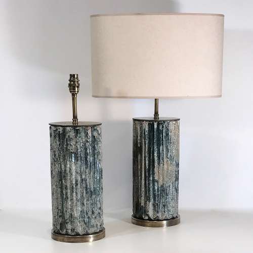 Pair Of Medium Green Grey 'rustic' Ceramic Lamps On Antique Brass Bases