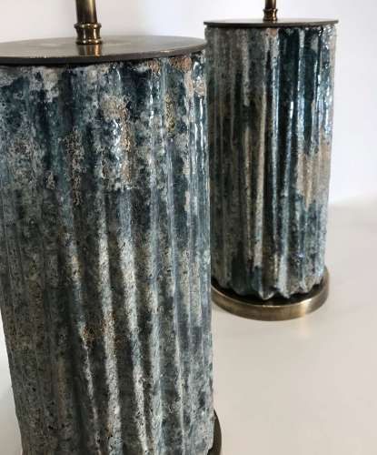 Pair Of Medium Green Grey 'rustic' Ceramic Lamps On Antique Brass Bases