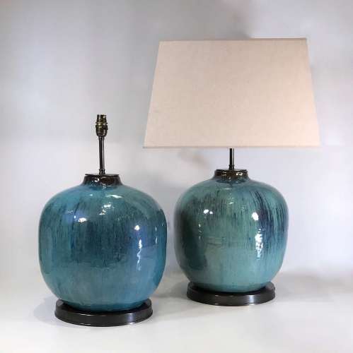Pair Of Large Blue Green Ceramic Lamps On Bronze Bronze Bases
