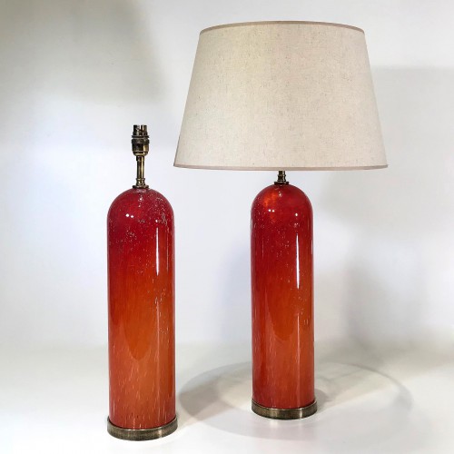 Pair Of Tall Gloss Red Glass 'dome' Lamps On Round Brass Bases