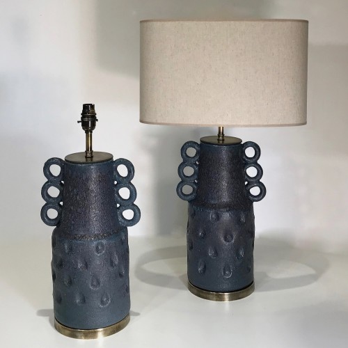 Pair Of Medium Ceramic Ink Blue/purple Hoop Lamps On Antiqued Brass Bases