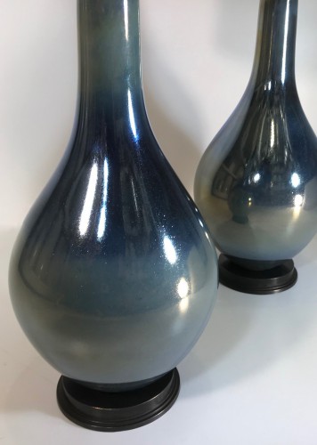 Pair Of Small Blue Iridescent Glass Tear Drop Lamps On Brown Bronze Bases