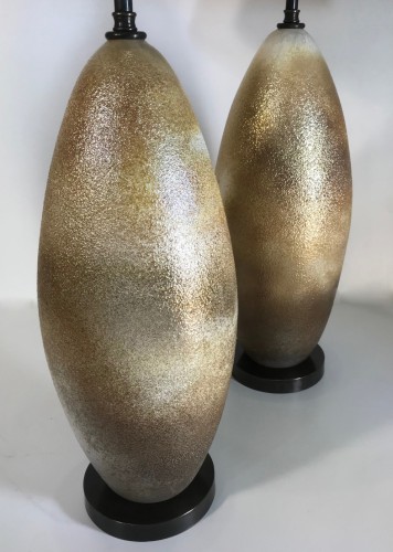 Pair Of Medium Gold Glass Iridescent Lamps On Brown Bronze Bases