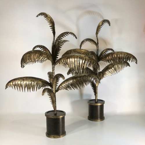Pair Of Large Gilt Wrought Iron Palm Lamps (4 Bulbs Under Big Leaves)
