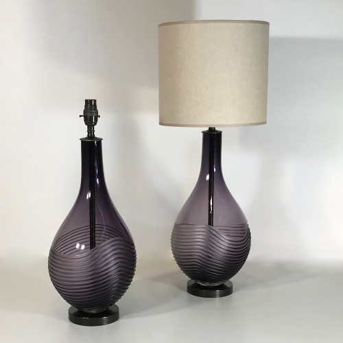 Pair Of Small Purple Glass"Wave": Cut Teardrop Lamps On Brown Bronze Bases