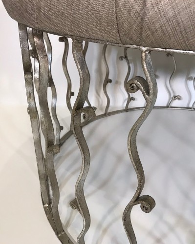 Wrought Iron Ottoman With Deep Buttoned Top And Silver Leaf Finish