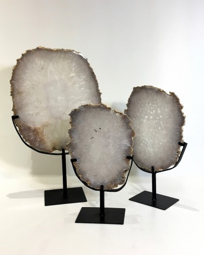 Polished Clear Agate Slices With Raw Edges On Metal Stands