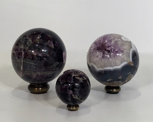 Mineral Spheres On Antique Brass Stands