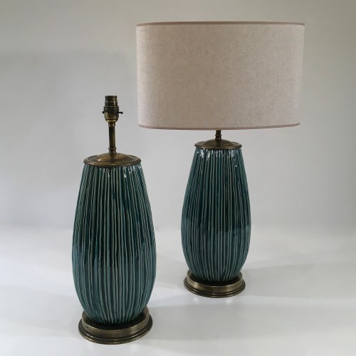 Pair Of Medium "mid Century Green" Glazed Ribbed Ceramic Lamps On Antique Brass Bases