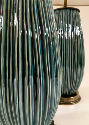 Pair Of Medium "mid Century Green" Glazed Ribbed Ceramic Lamps On Antique Brass Bases