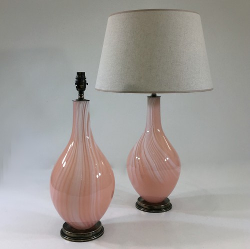 Pair Of Medium Pink Sorbet & White 'bubblegum' Glass Teardrop Lamps On Antique Brass Bases