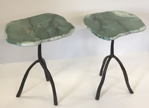 Pair Of Green Serpentine Stone Side Tables On Wrought Iron Tripod Base With Brown Bronze Finish