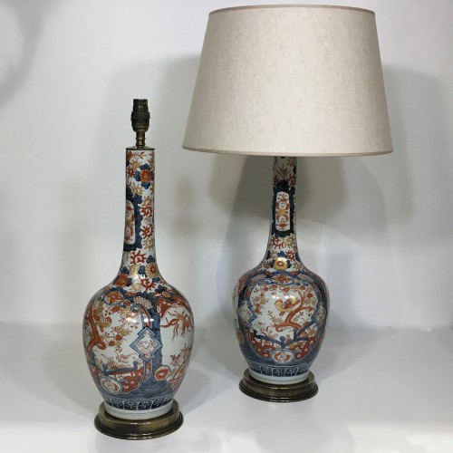 Pair Of 'Imari' Vase Lamps On Round Distressed Brass Bases