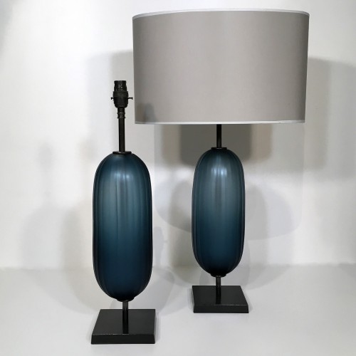 Pair Of 'Mikey' Blue Green Vertically Cut Lamps On Brown Bronze Base