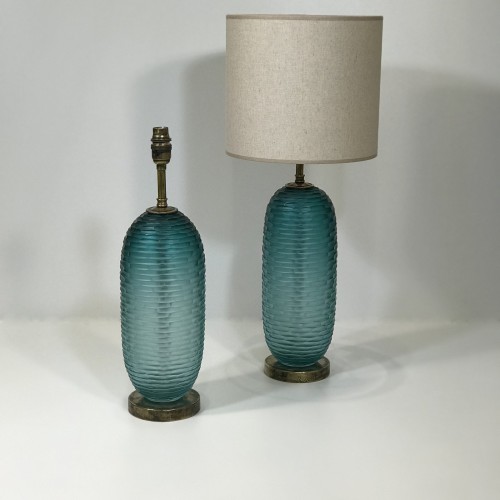Pair Of Blue 'brick' Cut Handblown Glass Lamps On Distressed Brass Bases