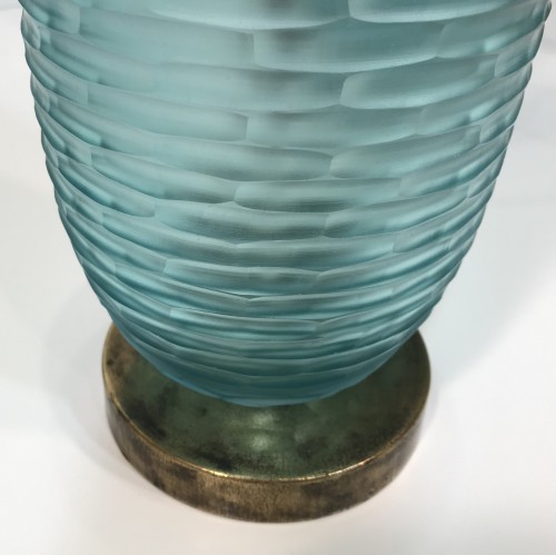 Pair Of Blue 'brick' Cut Handblown Glass Lamps On Distressed Brass Bases