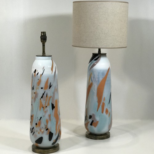 Pair Of Blue White Multicoloured Glass Lamps On Distressed Brass Bases