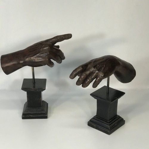 Pair Of Remarkable Carved Wood Italian Hands On Modern Wooden Bases