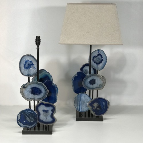 Pair Of Large Navy Blue Agate Disc Lamps On Square Brown Bronze Bases