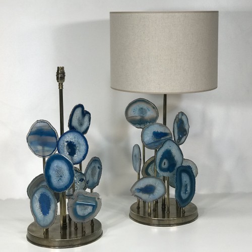Pair Of Large Aqua Blue Agate Disc Lamps On Round Antique Brass Bases